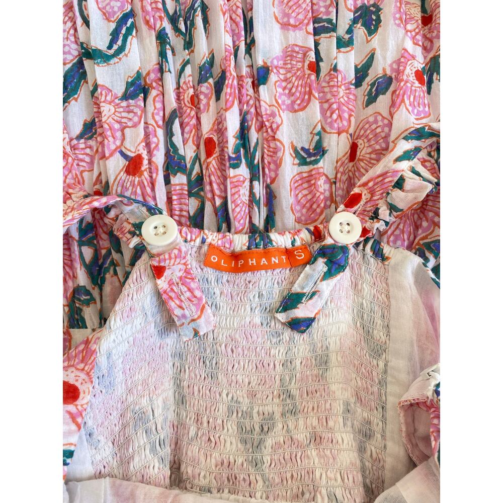 Oliphant Tuckernuck Smocked Ruffle Sleeveless Maxi Dress Pink Floral Block Print - Picture 3 of 6